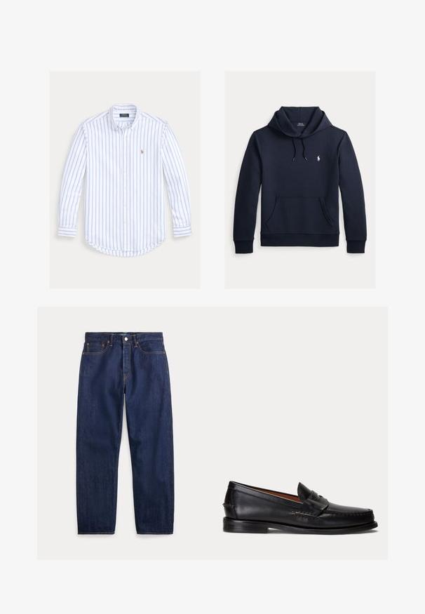 Tmavomodrá mikina s kapucňou so šnúrkou, predným klokanie vreckom, dlhými rukávmi a malým bielym logom Polo Ralph Lauren na hrudi.; Košeľa s dlhým rukávom na gombíky, s bledomodrými zvislými pruhmi a malým vyšívaným logom na ľavej strane hrude.; Tmavomodré riflové nohavice s priamymi nohavicami, piatimi vreckami, zapínaním na gombíky a viditeľným šitím.; Čierny kožený mokasín s nízkym podpätkom a detailom s penny remienkom, zobrazený z boku na svetlosivom pozadí.