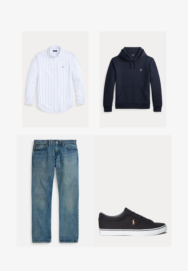 Tume merevärvi kapuutsiga dressipluus esiküljel kengurutasku, kapuuts nööriga, pikad varrukad ja väike valge Polo Ralph Laureni logo rinnal.; Pikema varrukaga nööpidega särk, helesiniste vertikaalsete triipudega ja väike tikandiga logo vasakul rinnal.; helehallidest teksapüksid sirge lõikega, millel on viis taskut, nööpidega sulgemine ja peen koorimisefekt tekstuuri lisamiseks.; Mustad madala säärega tossud valge kummist tallaga ja küljele tikitud pruun hobuse logo.