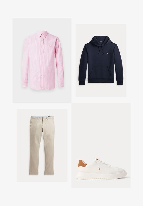 Tmavomodrá mikina s kapucňou so šnúrkou, predným klokanie vreckom, dlhými rukávmi a malým bielym logom Polo Ralph Lauren na hrudi.; Ružová a biela prúžkovaná košeľa s dlhým rukávom a zapínaním na gombíky, s malým logom na ľavej hrudi. Vyrobená z ľahkého materiálu.; Béžové rovné bavlnené nohavice s prednými vreckami, pútkami na opasok, zapínaním na gombík a zipsom, zobrazené položené na bielom pozadí.; Biely nízky teniska s béžovou pätovou záložkou, bielymi šnúrkami a malým vyšívaným logom hráča póla na boku nad tlustou podrážkou.