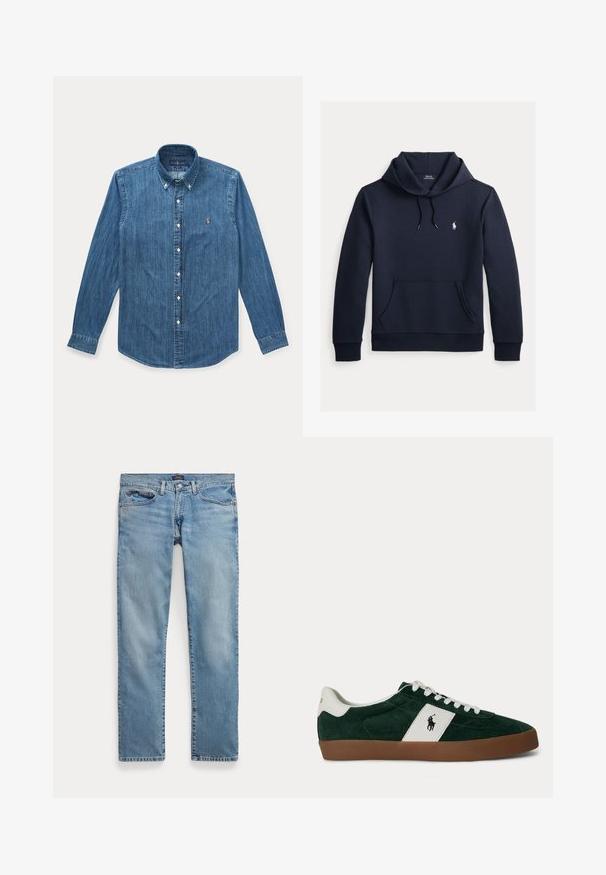 Tume merevärvi kapuutsiga dressipluus esiküljel kengurutasku, kapuuts nööriga, pikad varrukad ja väike valge Polo Ralph Laureni logo rinnal.; Pikkade varrukatega sinine teksast nööpidega särk, krae ja vasakul rinnal väike tikitud logo.; Hele sinised sirgete säärtega teksapüksid esitaskute ja nööpidega, tasapinnaliselt valgel taustal.; Tumeroheline seemisnahast spordijalats valge küljeribaga, valgete paeltega, pruuni tallaga ja Polo Ralph Laureni logoga küljel ning kandjal.