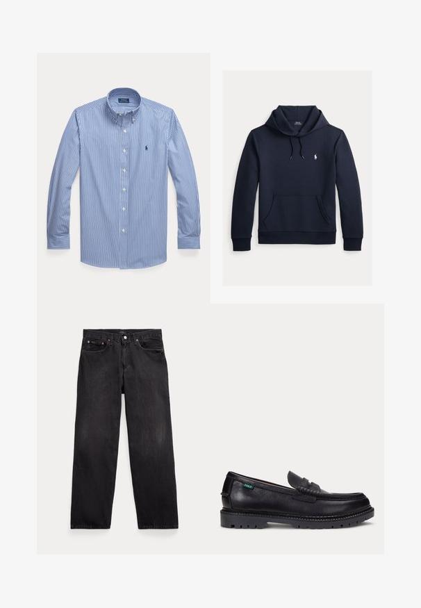 Donker marineblauwe hoodie met voorkangoeroezak, capuchon met trekkoord, lange mouwen en klein wit Polo Ralph Lauren-logo op de borst.; Blauw-wit verticaal gestreept overhemd met lange mouwen, knopen, kraag en klein geborduurd logo op de linkerborst.; Zwarte rechte denim jeans met vijf zakken, knoopsluiting en zichtbare metalen klinknagels op de voorzakken.; Zwarte leren loafer met dikke geprofileerde zool en klein groen "Polo" label aan de buitenkant bij de hiel.