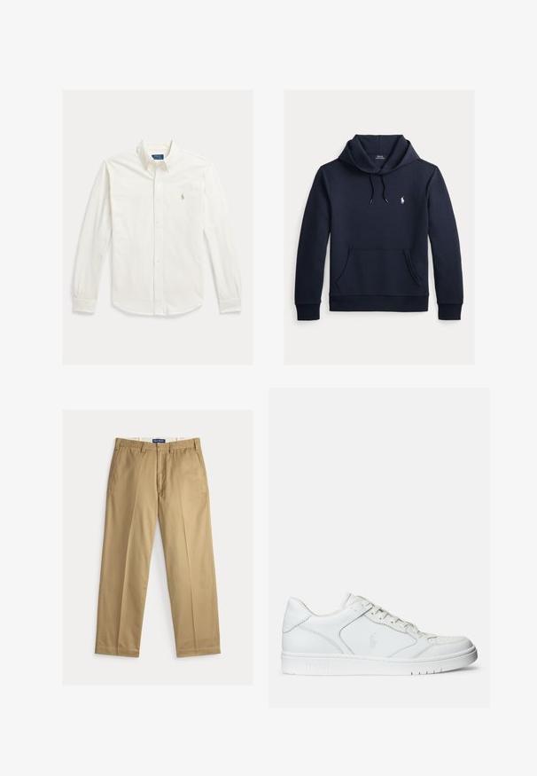 Dunkel marineblauer Kapuzenpullover mit vorderer Kängurutasche, Kapuzenkordel, langen Ärmeln und kleinem weißen Polo Ralph Lauren Logo auf der Brust.; Weißes langärmeliges Hemd mit Knopfleiste und Kragen, mit Polo Ralph Lauren-Logo auf der linken Brustseite bestickt.; Beige Chinos aus Baumwollstoff. Gerade geschnitten mit flacher Vorderseite, zwei Seitentaschen und einem Bund mit Knopfverschluss.; Weißer Ledersneaker mit glatter Textur, ausgestattet mit einer perforierten Zehenpartie, Schnürverschluss und gesticktem Logo an der Seite. Weiße Gummisohle.