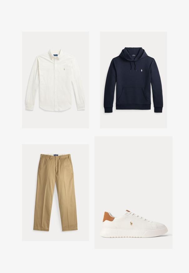 Dunkel marineblauer Kapuzenpullover mit vorderer Kängurutasche, Kapuzenkordel, langen Ärmeln und kleinem weißen Polo Ralph Lauren Logo auf der Brust.; Weißes langärmeliges Hemd mit Knopfleiste und Kragen, mit Polo Ralph Lauren-Logo auf der linken Brustseite bestickt.; Beige Chinos aus Baumwollstoff. Gerade geschnitten mit flacher Vorderseite, zwei Seitentaschen und einem Bund mit Knopfverschluss.; Weißer Sneaker mit niedrigem Schaft, beige Fersenlasche, weißen Schnürsenkeln und kleinem, besticktem Polospieler-Logo an der Seite über einer dicken Sohle.