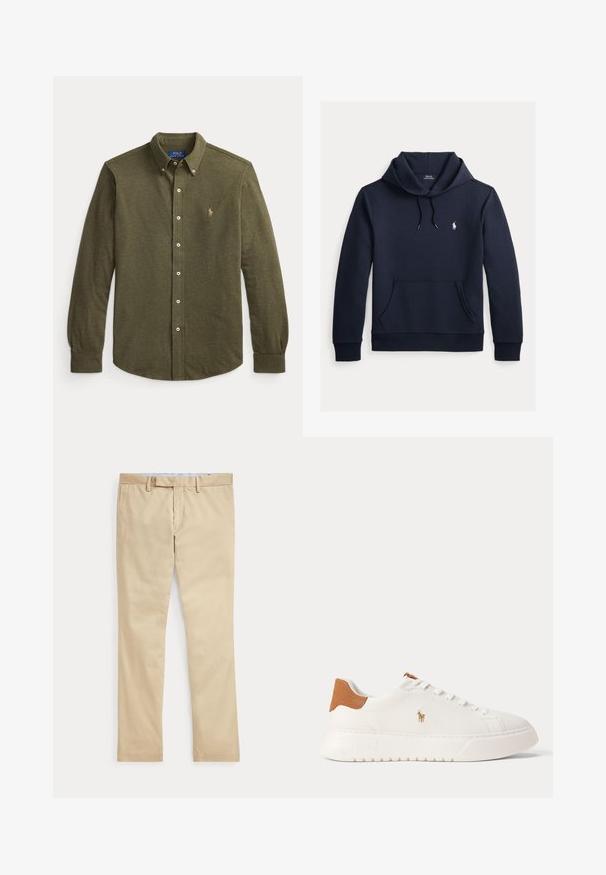 Donker marineblauwe hoodie met voorkangoeroezak, capuchon met trekkoord, lange mouwen en klein wit Polo Ralph Lauren-logo op de borst.; Langarmig olijfgroen overhemd met knopen, kraag en klein geborduurd logo op de linkerborst.; Beige broek met rechte pijpen, ceintuurlussen en een voorrits, plat gelegd tegen een witte achtergrond.; Witte lage sneaker met beige hieltab, witte veters en klein geborduurd polo spelerlogo aan de zijkant boven een dikke zool.