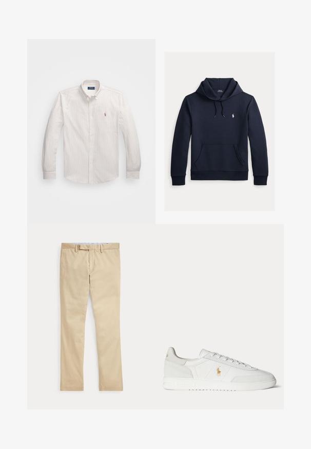 Donker marineblauwe hoodie met voorkangoeroezak, capuchon met trekkoord, lange mouwen en klein wit Polo Ralph Lauren-logo op de borst.; Witte button-up blouse met dunne verticale strepen in lichtbeige. Heeft een klassieke kraag, lange mouwen en een klein geborduurd logo op de borst.; Beige broek met rechte pijpen, ceintuurlussen en een voorrits, plat gelegd tegen een witte achtergrond.; Witte lage sneaker met vetersluiting, gouden Polo Ralph Lauren-logo aan de zijkant en een gestructureerde zool op een effen achtergrond.
