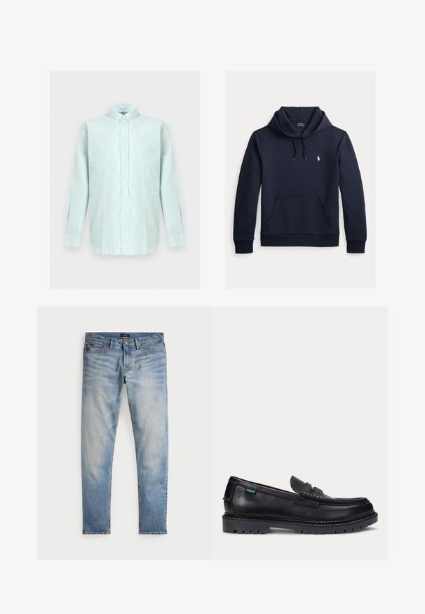 Tume merevärvi kapuutsiga dressipluus esiküljel kengurutasku, kapuuts nööriga, pikad varrukad ja väike valge Polo Ralph Laureni logo rinnal.; Hele sinine pika varrukaga nööbitav särk nööpidega kaeluse ja valgete nööpidega, kõverdatud äärega neutraalsel taustal.; Heledad sinine teksapüksid, tuhm finish, viie tasku disain ja kontrastne õmblus. Omab tõmblukku ja vööauke. Sirge lõige.; Mustast nahast loafer paksu soonelise tallaga ja väike roheline "Polo" silt välisküljel kanna lähedal.
