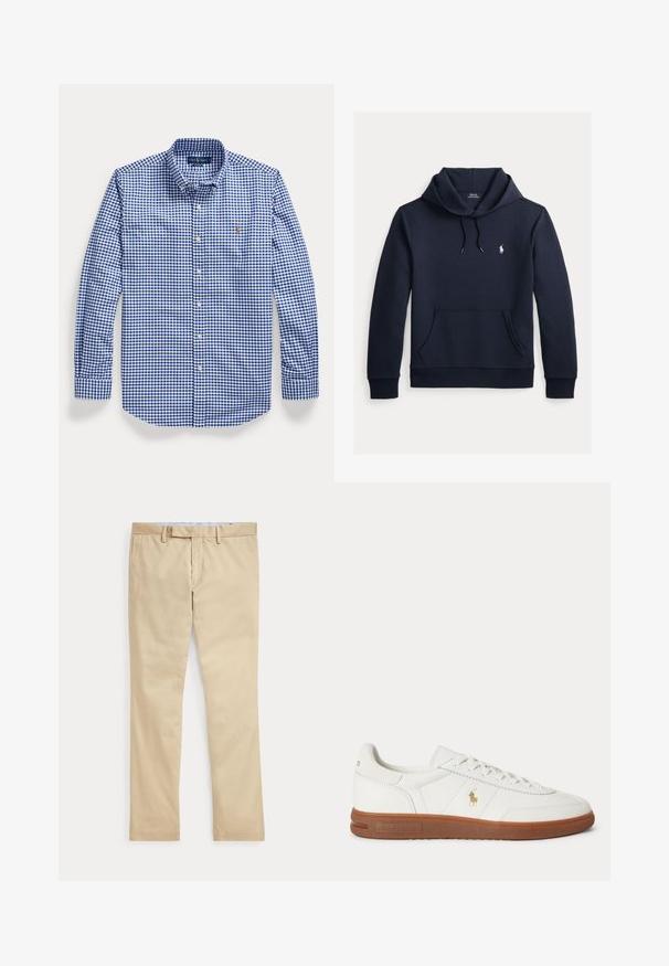 Dunkel marineblauer Kapuzenpullover mit vorderer Kängurutasche, Kapuzenkordel, langen Ärmeln und kleinem weißen Polo Ralph Lauren Logo auf der Brust.; Blau-weiß karierte Langarmbluse mit Knöpfen, Kragen und gesticktem Logo auf der linken Brustseite.; Beige gerade Hose mit Gürtelschlaufen und einem vorderen Reißverschluss, flach auf weißem Hintergrund gelegt.; Weißer Sneaker mit niedrigem Schnitt, brauner Sohle, Schnürung vorne und kleinem goldfarbenem Polo Ralph Lauren Logo an der Seite.