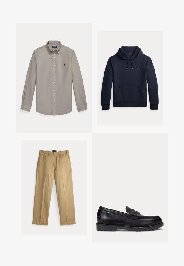 Donker marineblauwe hoodie met voorkangoeroezak, capuchon met trekkoord, lange mouwen en klein wit Polo Ralph Lauren-logo op de borst.; Lichtgrijs overhemd met lange mouwen, knopen, kraag en blauw Polo Ralph Lauren geborduurd logo op de linkerborst.; Beige chinos gemaakt van katoenen stof. Recht gesneden met een platte voorkant, twee zijzakken en een tailleband met knoopsluiting.; Zwarte leren loafer met dikke geprofileerde zool en klein groen "Polo" label aan de buitenkant bij de hiel.