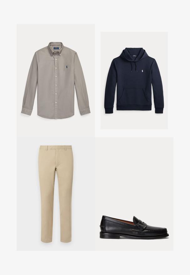 Tmavomodrá mikina s kapucňou so šnúrkou, predným klokanie vreckom, dlhými rukávmi a malým bielym logom Polo Ralph Lauren na hrudi.; Svetlosivá košeľa s dlhým rukávom na gombíky s golierom a modrým vyšívaným logom Polo Ralph Lauren na ľavej strane hrude.; Béžové bavlnené nohavice so rovnými nohavicami, ktoré majú pútka na opasok, plochý predný diel a upravené lemy. Hladká textúra a minimálne detaily.; Čierny kožený mokasín s nízkym podpätkom a detailom s penny remienkom, zobrazený z boku na svetlosivom pozadí.
