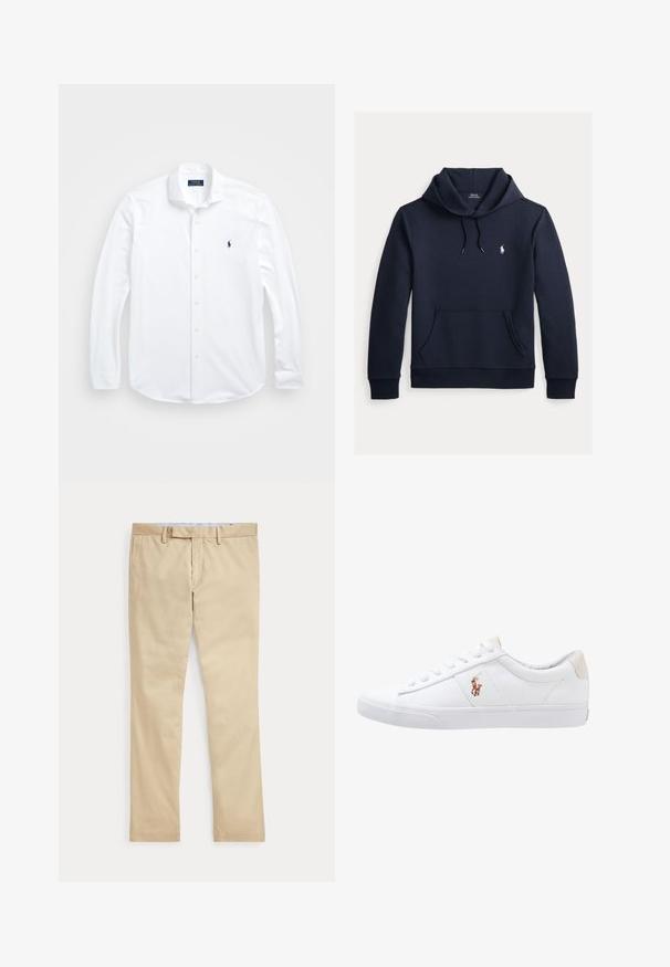 Dunkel marineblauer Kapuzenpullover mit vorderer Kängurutasche, Kapuzenkordel, langen Ärmeln und kleinem weißen Polo Ralph Lauren Logo auf der Brust.; Weißes Langarm-Hemd mit Knopfleiste, aus Baumwolle gefertigt. Verfügt über einen klassischen Kragen, reguläre Passform und ein kleines blaues Logo auf der Brust.; Beige gerade Hose mit Gürtelschlaufen und einem vorderen Reißverschluss, flach auf weißem Hintergrund gelegt.; Weiße Leinensneaker im Low-Top-Design mit einem beigen Ferseneinsatz und einem kleinen gestickten Logo an der Seite. Gummisohle.