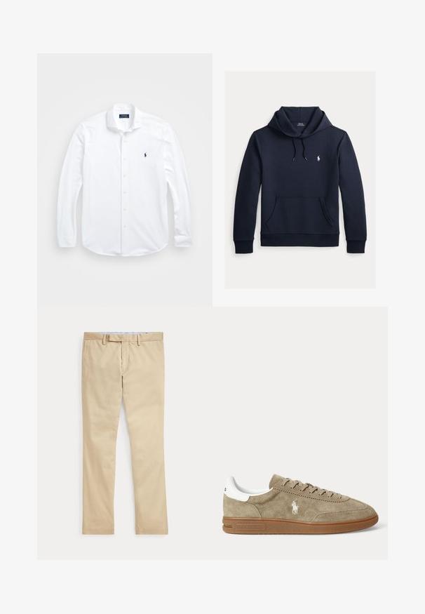 Donker marineblauwe hoodie met voorkangoeroezak, capuchon met trekkoord, lange mouwen en klein wit Polo Ralph Lauren-logo op de borst.; Witte lange mouwen knoopshirt van katoen. Heeft een klassieke kraag, normale pasvorm en een klein marineblauw logo op de borst.; Beige broek met rechte pijpen, ceintuurlussen en een voorrits, plat gelegd tegen een witte achtergrond.; Beige suède lage sneaker met bruine zool, witte hiel-detail, veters en een wit geborduurd polo-speler logo aan de zijkant.