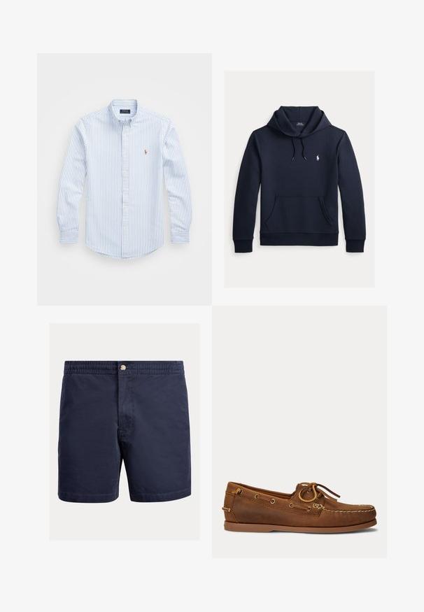 Dunkel marineblauer Kapuzenpullover mit vorderer Kängurutasche, Kapuzenkordel, langen Ärmeln und kleinem weißen Polo Ralph Lauren Logo auf der Brust.; Hellblau und weiß gestreiftes Button-up-Hemd mit Kragen, langen Ärmeln und einem kleinen gestickten Logo auf der Brust. Aus Baumwollmaterial.; Marineblaue Shorts aus leichtem Stoff mit Knopfverschluss, elastischem Bund und einem einfachen, schlanken Design.; Brauner Leder-Bootsschuh mit Mokassin-Naht, Schnürdetail durch Metallösen und flacher Gummisohle, seitliche Ansicht.
