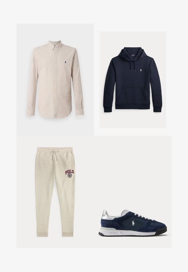 Sudadera con capucha azul navy oscuro con bolsillo canguro delantero, capucha con cordón, mangas largas y pequeño logo blanco de Polo Ralph Lauren en el pecho.; Camisa de manga larga a rayas en crema y marrón claro, con cuello abotonado y un pequeño logotipo en navy en el pecho.; Pantalones deportivos beige con cordón, bolsillos laterales y logo y emblema rojo "POLO" en la parte superior del muslo izquierdo.; Zapatilla Polo para hombre en azul marino y blanco con paneles de ante y malla, cordones blancos y logo Polo en el lateral y talón.