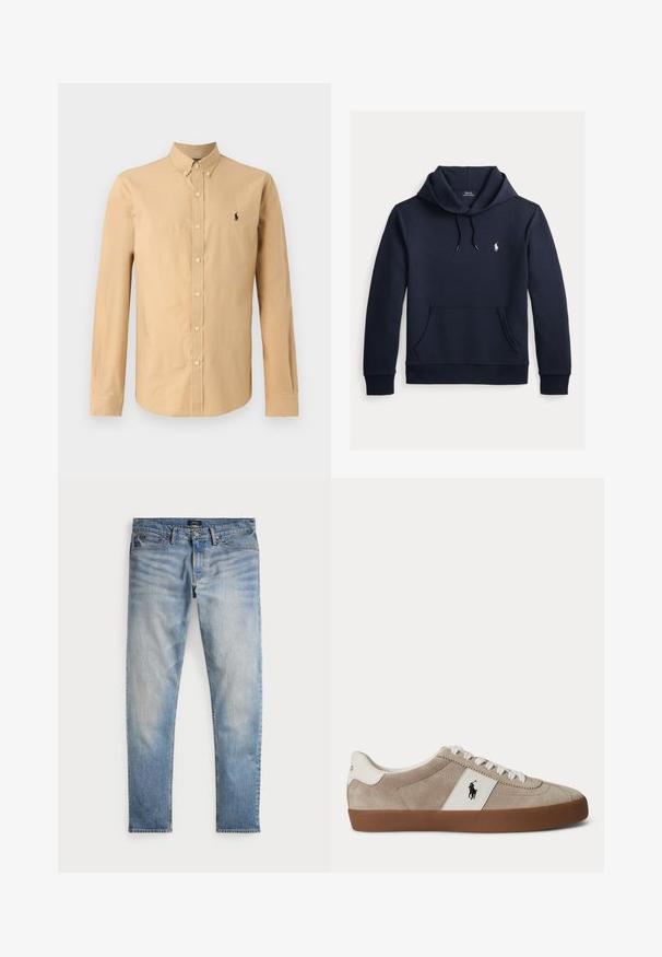 Tume merevärvi kapuutsiga dressipluus esiküljel kengurutasku, kapuuts nööriga, pikad varrukad ja väike valge Polo Ralph Laureni logo rinnal.; Kerged varrukatega nööbiga särk heleses puuvillas. Omab teravat kraed ja väikest musta logo vasakul rinnal. Sile tekstuur.; Heledad sinine teksapüksid, tuhm finish, viie tasku disain ja kontrastne õmblus. Omab tõmblukku ja vööauke. Sirge lõige.; Beežid seemisnahast madala säärega tossud valgete paelte, valge nahkdetaili ja musta hobuse logoga ning pruunast kummist tallaga.