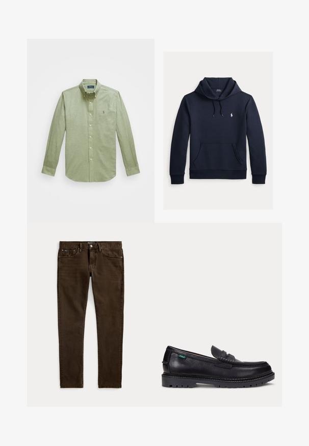 Tmavomodrá mikina s kapucňou so šnúrkou, predným klokanie vreckom, dlhými rukávmi a malým bielym logom Polo Ralph Lauren na hrudi.; Svetlozelená košeľa s dlhým rukávom, zapínaná na gombíky, s vyšívaným logom na hrudi a perlovo lesklými gombíkmi.; Úzke tmavohnedé džínsy s piatimi vreckami, zapínaním na gombík a zips a s viditeľnými štítkami značky Polo na páse a prednom vrecku.; Čierny kožený mokasín s hrubou drsnou podrážkou a malou zelenou značkou "Polo" na vonkajšej strane pri päte.