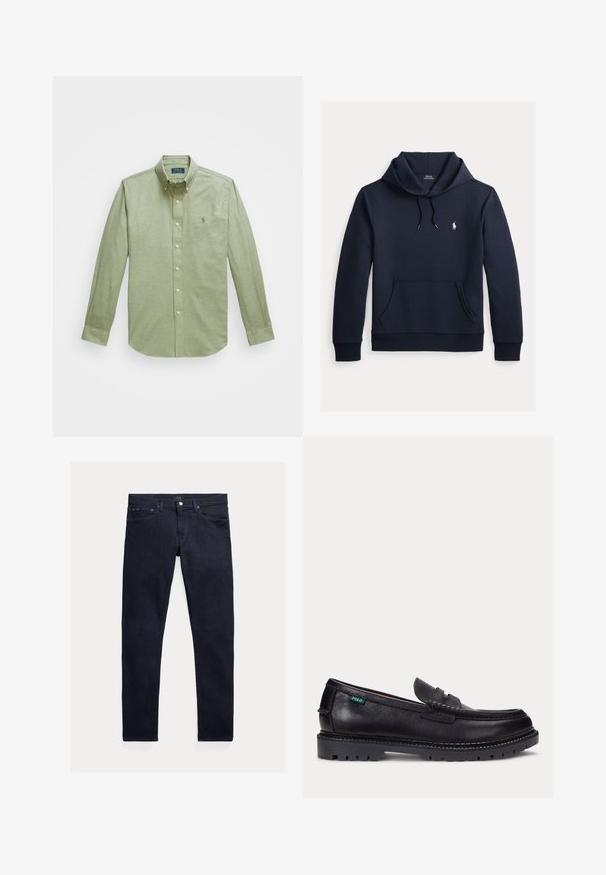 Sudadera con capucha azul navy oscuro con bolsillo canguro delantero, capucha con cordón, mangas largas y pequeño logo blanco de Polo Ralph Lauren en el pecho.; Camisa verde claro de manga larga con botones, que presenta un cuello puntiagudo, un pequeño logotipo bordado en el pecho y botones de perla.; Vaqueros de mezclilla azul oscuro con un ajuste entallado. Cuenta con cinco bolsillos, cierre de cremallera y botón metálico. Textura suave con un desgaste mínimo.; Mocasín de cuero negro con suela gruesa estriada y pequeña etiqueta verde "Polo" en el lado exterior cerca del talón.