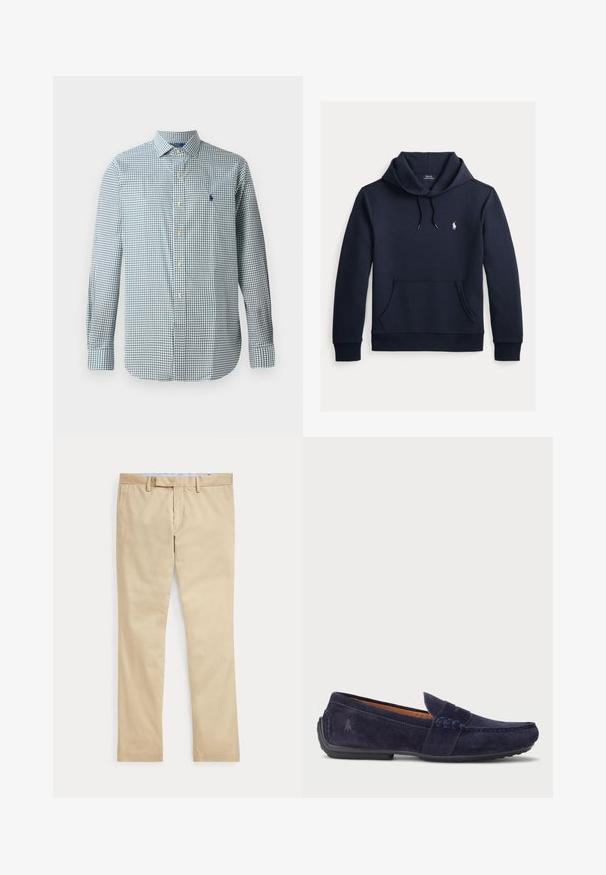 Tume merevärvi kapuutsiga dressipluus esiküljel kengurutasku, kapuuts nööriga, pikad varrukad ja väike valge Polo Ralph Laureni logo rinnal.; Sinise ja valge ruudulise mustriga nööp-üles särg, pikkade varrukatega, klassikalise kraega, millel on rinnal väike ristpistes embleem.; Beeži sirgete säärega püksid vööaasade ja ees oleva tõmblukuga, laotatud tasaselt valgele taustale.; Tumesinine sametist mokassiini jalanõu, millel on õmmeldud disain, ümmargune varvas ja tekstureeritud kummitald. Küljel on peen märk.