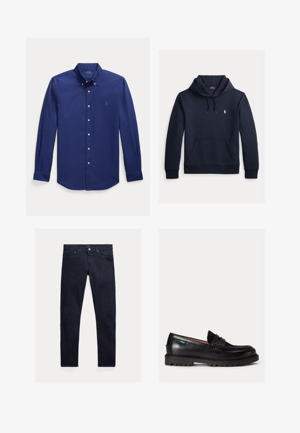 Donker marineblauwe hoodie met voorkangoeroezak, capuchon met trekkoord, lange mouwen en klein wit Polo Ralph Lauren-logo op de borst.; Marineblauwe langemouwen overhemd met knopen van katoen. Heeft een puntige kraag en een klein groen geborduurd logo op de linkerkant van de borst.; Donkerblauwe spijkerbroek met een slanke pasvorm. Voorzien van vijf zakken, een ritssluiting en een metalen knoopsluiting. Soepele textuur met minimale vervaging.; Zwarte leren loafer met dikke zool, afgeronde neus en een groene Polo logolabel aan de zijkant.
