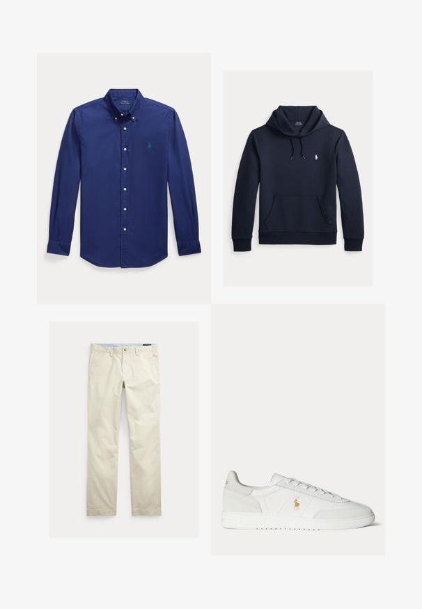 Tmavomodrá mikina s kapucňou so šnúrkou, predným klokanie vreckom, dlhými rukávmi a malým bielym logom Polo Ralph Lauren na hrudi.; Námornícky modrá košeľa s dlhým rukávom, zapínacia na gombíky, vyrobená z bavlny. Disponuje špicatým golierom a malým zeleným vyšitým logom na ľavej hrudi.; Béžové bavlnené nohavice s rovnými nohavicami, opaskové pútká, predné zapínanie na gombík, zips a bočné vrecká.; Biela nízka teniska so šnurovaním, zlaté logo Polo Ralph Lauren na boku a textúrovaná podrážka na jednofarebnom pozadí.