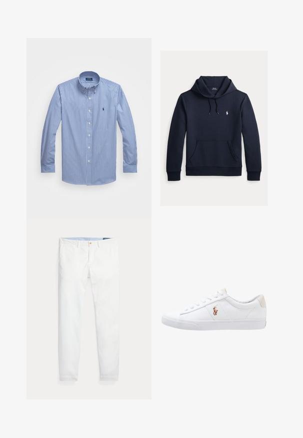 Dunkel marineblauer Kapuzenpullover mit vorderer Kängurutasche, Kapuzenkordel, langen Ärmeln und kleinem weißen Polo Ralph Lauren Logo auf der Brust.; Blau-weiß gestreifte Langarmbluse mit einem Button-Down-Kragen, weißen Knöpfen und einem kleinen Logo auf der linken Brust. Glatte Stoffstruktur.; Weiße Baumwoll-Chinos mit schmaler Passform, ausgestattet mit einem einzigen goldfarbenen Knopfverschluss und einem hellblauen inneren Bund. Glatte Textur ohne Muster.; Weiße Leinensneaker im Low-Top-Design mit einem beigen Ferseneinsatz und einem kleinen gestickten Logo an der Seite. Gummisohle.