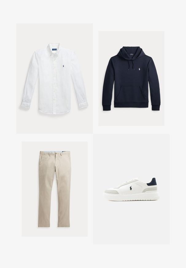 Donker marineblauwe hoodie met voorkangoeroezak, capuchon met trekkoord, lange mouwen en klein wit Polo Ralph Lauren-logo op de borst.; Witte linnen overhemd met lange mouwen en knoopsluiting, voorzien van een puntige kraag en een geborduurd blauw logo op de linkerkant van de borst. Heeft knoopmanchetten.; Beige katoenen broek met rechte pijpen, voorzakken, riemlussen, knoopsluiting en ritssluiting, plat liggend op een witte achtergrond.; Witte lage sneaker met zwarte hielkap, grijze suède accenten, dikke zool en zwart Polo-logo aan de buitenkant.