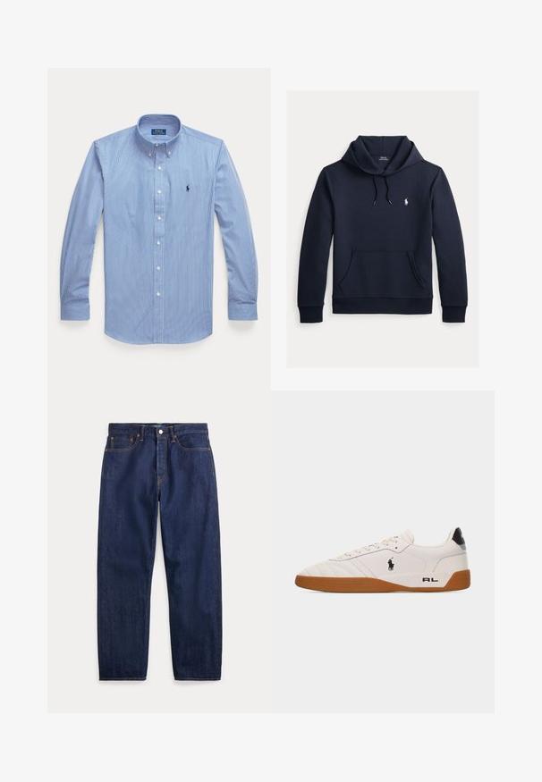 Tmavomodrá mikina s kapucňou so šnúrkou, predným klokanie vreckom, dlhými rukávmi a malým bielym logom Polo Ralph Lauren na hrudi.; Svetlomodrá košeľa s dlhým rukávom na gombíky, s tenkými bielymi pruhmi, zapínací golier a malé tmavé logo na hrudi.; Tmavomodré riflové nohavice s priamymi nohavicami, piatimi vreckami, zapínaním na gombíky a viditeľným šitím.; Biela nízka teniska s hnedou gumovou podrážkou, čiernym logom Polo Ralph Lauren na boku a textom „RL" na päte.