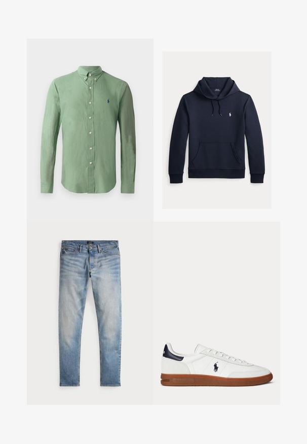 Tume merevärvi kapuutsiga dressipluus esiküljel kengurutasku, kapuuts nööriga, pikad varrukad ja väike valge Polo Ralph Laureni logo rinnal.; Roheline nööbitav särk, mis on valmistatud kergest kangast; omadused on punktkrae, pikad varrukad ja väike sinine logo vasakul rinnal.; Heledad sinine teksapüksid, tuhm finish, viie tasku disain ja kontrastne õmblus. Omab tõmblukku ja vööauke. Sirge lõige.; Valge madala säärega toss pruuni tallaga, musta kandutükiga, polo mängija tikandiga logoga ja valgete nööridega.
