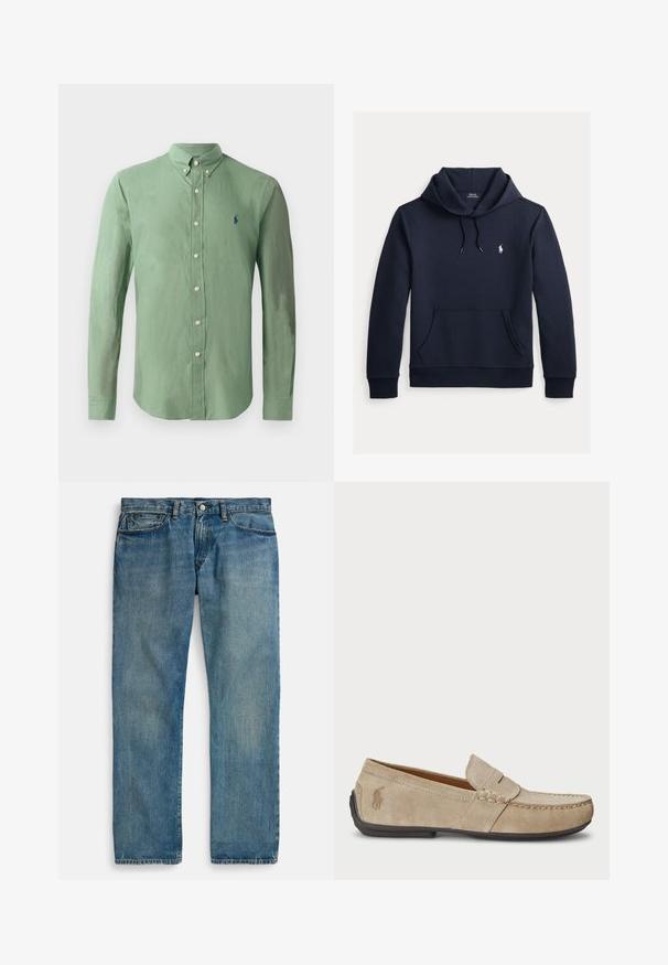 Donker marineblauwe hoodie met voorkangoeroezak, capuchon met trekkoord, lange mouwen en klein wit Polo Ralph Lauren-logo op de borst.; Groene button-up shirt van lichtgewicht stof; heeft een puntkraag, lange mouwen en een klein blauw logo op de linkerborst.; Lichtblauwe denim jeans met een rechte pijpvorm, voorzien van vijf zakken, een knoopsluiting en subtiele vervaging voor textuur.; Beige suède instappers met een gestikt detail, platte rubberen zool en een klein logo aan de zijkant. Klassiek instapontwerp, zachte textuur.