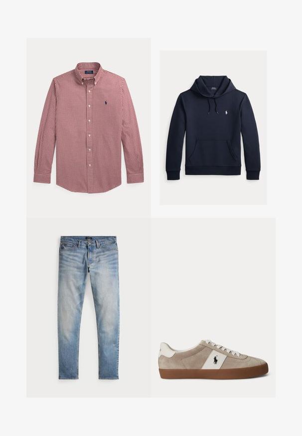 Donker marineblauwe hoodie met voorkangoeroezak, capuchon met trekkoord, lange mouwen en klein wit Polo Ralph Lauren-logo op de borst.; Rood-wit geruit overhem met lange mouwen, knopen, kraag en blauw geborduurd logo op de linkerborst.; Lichtblauwe denim jeans met een vervaagde afwerking, vijfzakkenontwerp en contrasterende stiksels. Heeft een ritssluiting en riemlussen. Rechte snit.; Beige suède lage sneaker met witte veters, wit lederen accent met zwart paardenlogo en een bruine rubberen zool.