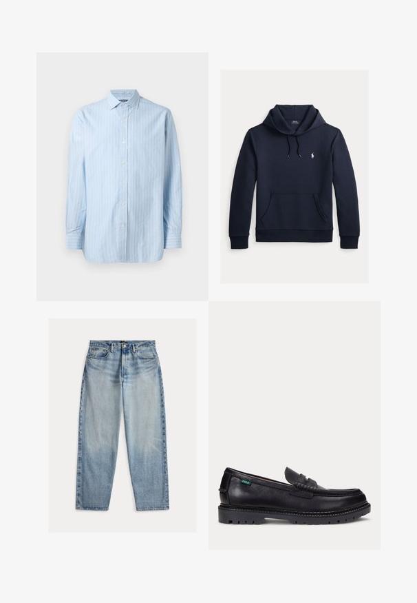 Mørk navyblå hættetrøje med front kangurulomme, snøre i hætten, lange ærmer og lille hvid Polo Ralph Lauren-logo på brystet.; Lyseblå langærmet skjorte med hvide lodrette striber, knapkrave og knaplukninger foran. Tekstureret bomuldsstof.; Lyseblå denimjeans med løs pasform. Har høj talje, fem lommer og synlige syninger. Overfladen er let tekstureret.; Sort læderloafer med tyk, mønstret sål og lille grøn "Polo"-mærke på ydersiden nær hælen.
