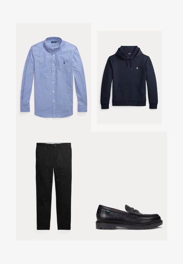 Donker marineblauwe hoodie met voorkangoeroezak, capuchon met trekkoord, lange mouwen en klein wit Polo Ralph Lauren-logo op de borst.; Blauw-wit verticale gestreepte blouse met lange mouwen, knopen en een button-down kraag, met Polo Ralph Lauren-logo op de borst.; Zwarte rechte broek met riemlussen, voorste knoop en zijzakken, plat weergegeven op een lichte achtergrond.; Zwarte leren loafer met dikke geprofileerde zool en klein groen "Polo" label aan de buitenkant bij de hiel.