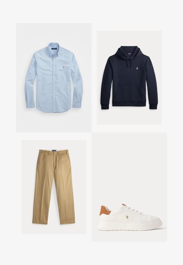 Tume merevärvi kapuutsiga dressipluus esiküljel kengurutasku, kapuuts nööriga, pikad varrukad ja väike valge Polo Ralph Laureni logo rinnal.; Heledad sinine pika varrukaga nööpidega särk, mis on valmistatud puuvillast, klassikalise kraega ja rinnal on väike punane tikandiga logo.; Beežid puuvillast kangast chinosid. Sirge säärega disain, millel on lame eesmine osa, kaks küljetaskut ja vöökoht, mis sulgub nööbiga.; Valged madala säärega tossud, pruun kannaosa, valged paelad ja väike tikandiga polo mängija logo külje peal paksu taldmiku kohal.