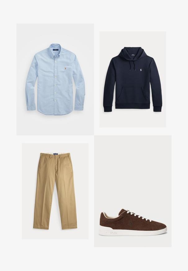 Tmavomodrá mikina s kapucňou so šnúrkou, predným klokanie vreckom, dlhými rukávmi a malým bielym logom Polo Ralph Lauren na hrudi.; Svetlomodrá košeľa s dlhým rukávom na gombíky vyrobená z bavlny, s klasickým golierom a malým červeným vyšitým logom na hrudi.; Béžové chino nohavice z bavlnenej tkaniny. Strih s rovnými nohavicami, s hladkým predným dielom, dvomi bočnými vreckami a pásom so zapínaním na gombík.; Hnedé semišové nízke tenisky s bielou gumovou podrážkou, bielymi šnúrkami a vyšitou logom Polo na boku.