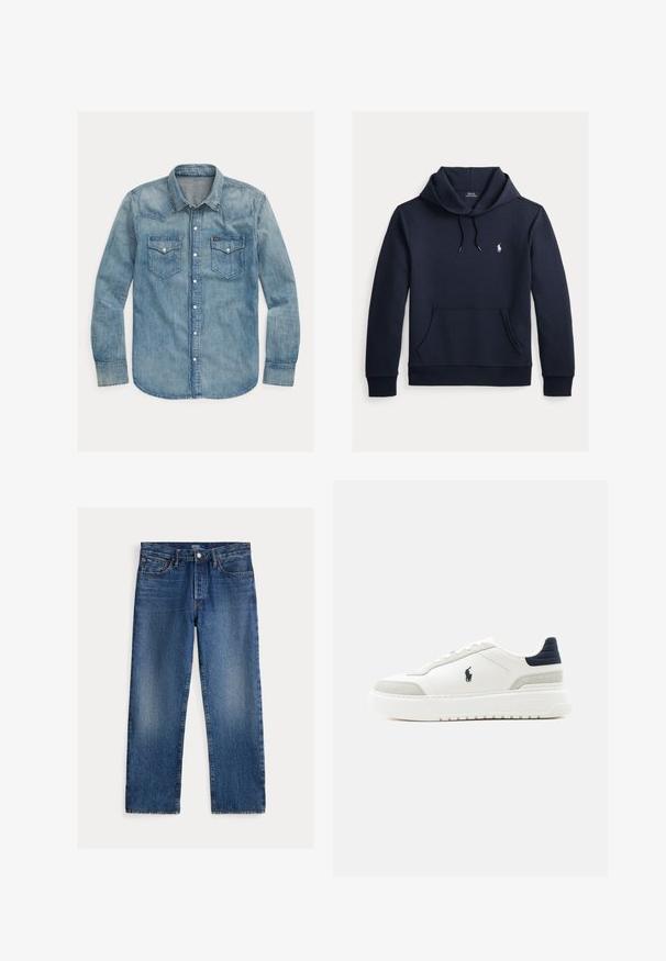 Tummansininen huppari, jossa on edessä kengurutasku, kiristysnauha hupussa, pitkät hihat ja pieni valkoinen Polo Ralph Lauren -logo rinnassa.; Vaaleansininen farkkupaita, jossa on kärjellinen kaulus, pitkät hihat, kaksi rintataskua ja nepparilla kiinnitettävä sulkeminen. Klassinen lännen tyyli.; Suorat siniset farkut haalistuneilla yksityiskohdilla, viisi taskua, vyölenkit ja napin sekä vetoketjun suljenta, Polo Ralph Lauren -merkki sisäpuolella.; Valkoinen matalakärkinen tennari, jossa musta kantapäälenkki, harmaat mokkakuvioinnit, paksu pohja ja musta Polo-logo ulkopuolella.