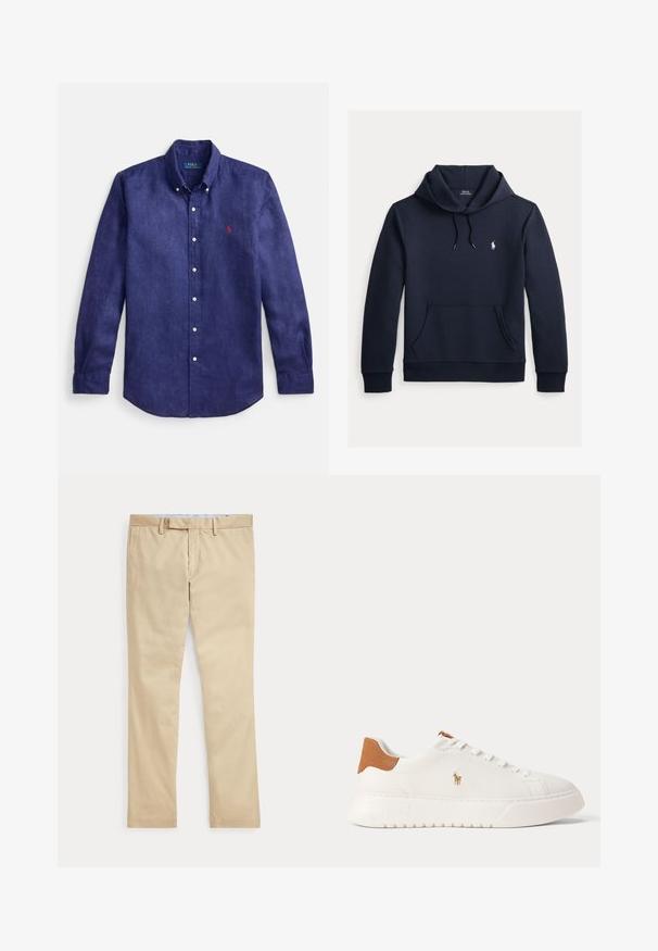 Mørk navyblå hættetrøje med front kangurulomme, snøre i hætten, lange ærmer og lille hvid Polo Ralph Lauren-logo på brystet.; Marineblå linned med lange ærmer, skjorte med knappet krave, frontstykke og lille rødt broderet logo på venstre bryst.; Beige bukser med lige ben, bæltestropper og frontlynlås, lagt fladt mod en hvid baggrund.; Hvid lavtop sneaker med tan hælfane, hvide snørebånd og lille broderet polo-spiller logo på siden over en tyk sål.