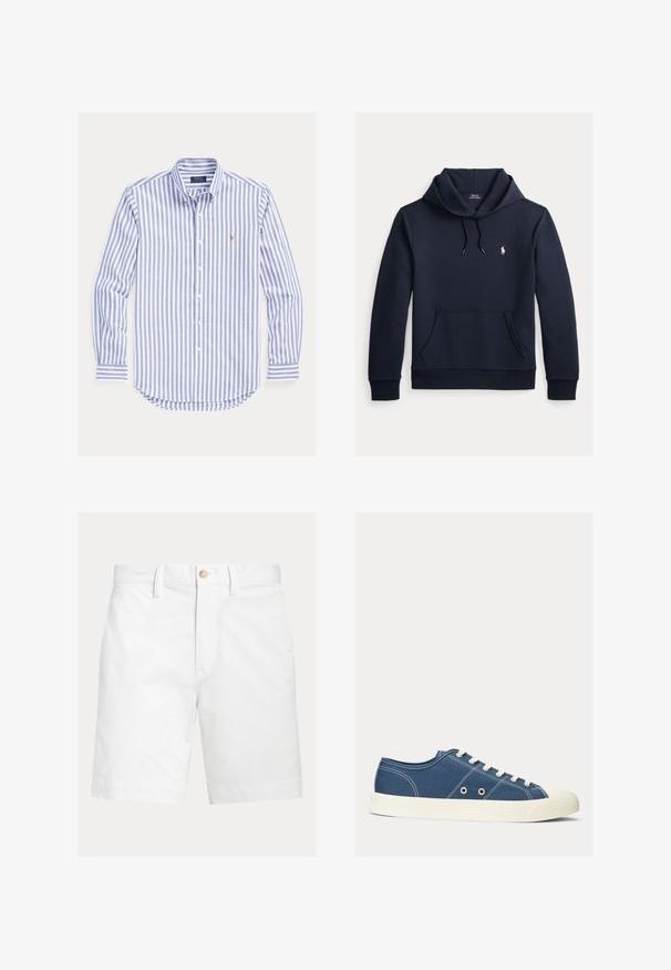 Tmavomodrá mikina s kapucňou so šnúrkou, predným klokanie vreckom, dlhými rukávmi a malým bielym logom Polo Ralph Lauren na hrudi.; Modro-biela vertikálne pruhovaná košeľa s dlhým rukávom, gombíkovým zapínaním, gombíkovým golierom a malým vyšitým logom na hrudi.; Biele šortky po kolená s pútkami na opasok a hnedým gombíkom na zapínanie v páse, zobrazené na jednoduchom pozadí.; Modré plátnové tenisky s bielymi gumovými podrážkami, s nízkym strihom, okrúhlou špicou a piatimi očkami na šnúrky. Biele steh na akcentoch.