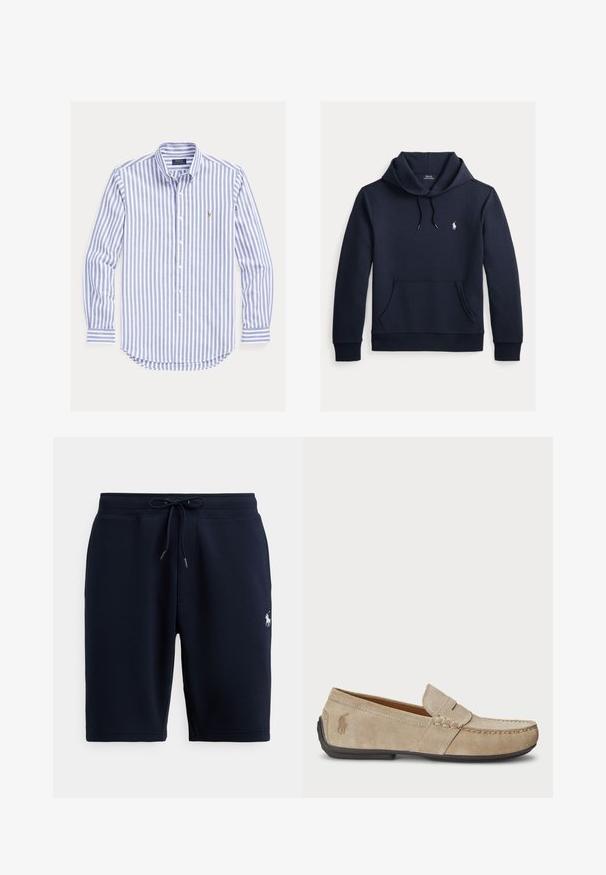 Sweat à capuche bleu marine foncé avec poche kangourou à l'avant, capuche à cordon, manches longues et petit logo blanc Polo Ralph Lauren sur la poitrine.; Chemise à manches longues rayée verticalement bleu et blanc, boutonnée, col boutonné et petit logo brodé sur la poitrine.; Shorts de sport en coton bleu marine avec taille élastique, cordon de serrage et logo sur le côté gauche. Texture lisse, longueur au genou.; Mocassins en suede beige avec un détail cousu, semelle en caoutchouc plate et un petit logo sur le côté. Design classique à enfiler, texture douce.