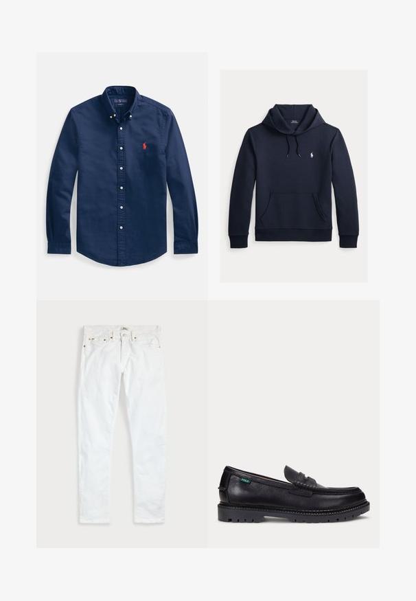 Donker marineblauwe hoodie met voorkangoeroezak, capuchon met trekkoord, lange mouwen en klein wit Polo Ralph Lauren-logo op de borst.; Marineblauw katoenen overhemd met knopen, voorzien van een puntige kraag, lange mouwen en een klein rood geborduurd logo op de borst.; Witte slim-fit jeans met vijf zakken, knoopsluiting en riemlussen, plat gelegd op een effen lichte achtergrond.; Zwarte leren loafer met dikke geprofileerde zool en klein groen "Polo" label aan de buitenkant bij de hiel.