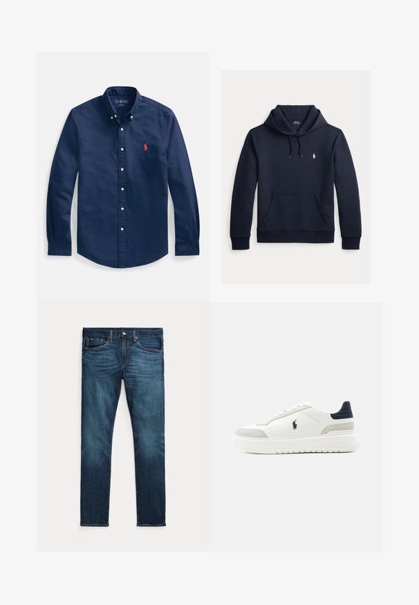 Mørk navyblå hættetrøje med front kangurulomme, snøre i hætten, lange ærmer og lille hvid Polo Ralph Lauren-logo på brystet.; Marineblå skjorte med knapper lavet af bomuld, med spidst krave, lange ærmer og et lille rødt broderet logo på brystet.; Mørkeblå slim-fit jeans med frontknap og lynlås, fem lommer og subtil falmen på forreste lår og knæ.; Hvid lav sneakers med sort hælflap, grå ruskindsdetaljer, tyk sål og sort Polo-logo på ydersiden.