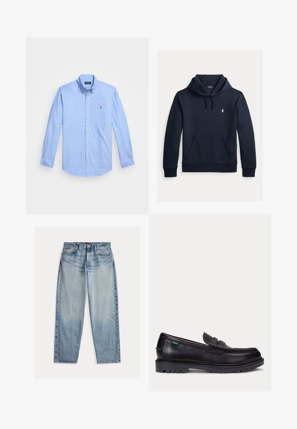 Dunkel marineblauer Kapuzenpullover mit vorderer Kängurutasche, Kapuzenkordel, langen Ärmeln und kleinem weißen Polo Ralph Lauren Logo auf der Brust.; Gestreifte Langarm-Baumwollhemd in Blau und Weiß mit spitzem Kragen und Logo-Emblem auf der Brust. Das Material hat eine glatte Textur.; Hellblaue Jeans aus Denim mit lockerem Schnitt. Sie haben eine hohe Taille, fünf Taschen und sichtbare Nähte. Die Oberfläche ist leicht strukturiert.; Schwarzer Lederloafer mit dicker Profilsohle und kleinem grünen "Polo"-Etikett an der Außenseite nahe der Ferse.