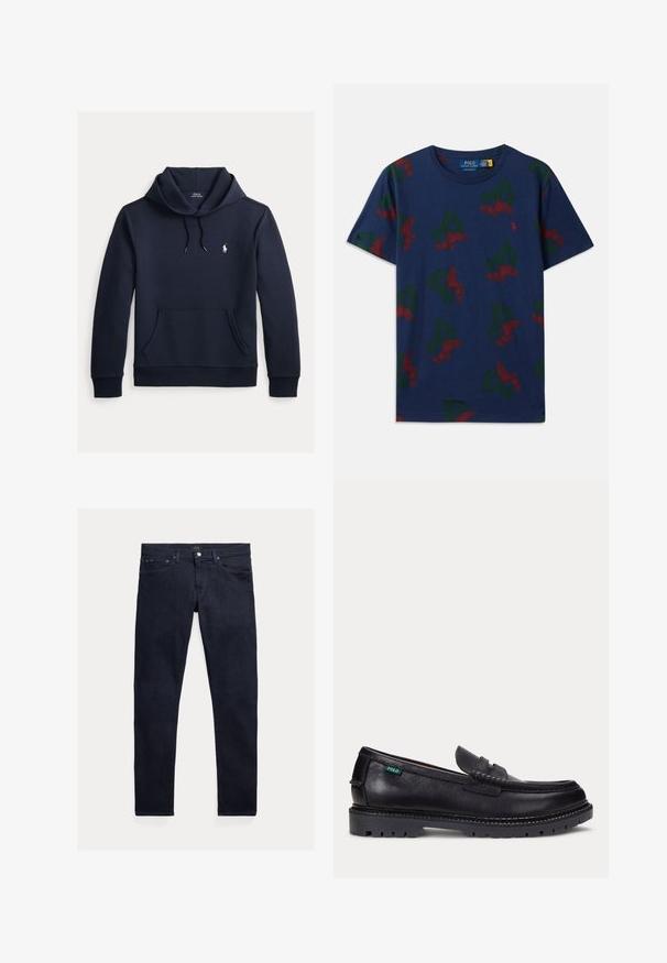 Tummansininen huppari, jossa on edessä kengurutasku, kiristysnauha hupussa, pitkät hihat ja pieni valkoinen Polo Ralph Lauren -logo rinnassa.; Tummansininen puuvillapaidan, jossa on toistuvia vihreitä 'P' ja punaisia siipikenkiä, pyöreä kaula-aukko, rento malli ja lyhyet hihat.; Tummansinisiä denimpellavahousuja, jotka ovat kapeaa mallia. Niissä on viisi taskua, vetoketju ja metallinen nappikiinnitys. Sileä pinta, jossa minimaalista kulumista.; Musta nahkainen loafer, jossa paksu uritettu pohja ja pieni vihreä "Polo"-lippu ulkoreunassa lähellä kantapäätä.