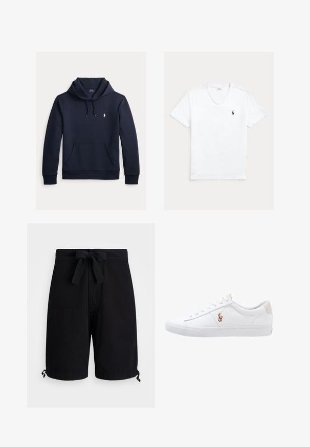 Dunkel marineblauer Kapuzenpullover mit vorderer Kängurutasche, Kapuzenkordel, langen Ärmeln und kleinem weißen Polo Ralph Lauren Logo auf der Brust.; Weißes V-Ausschnitt-T-Shirt mit kurzen Ärmeln und kleinem dunkelblauem Polo Ralph Lauren Logo auf der linken Brust, flach auf hellem Hintergrund präsentiert.; Schwarze Badehose aus leichtem Stoff, mit einem Kordelzug an der Taille und verstellbaren Toggle-Details an den Säumen.; Weiße Leinensneaker im Low-Top-Design mit einem beigen Ferseneinsatz und einem kleinen gestickten Logo an der Seite. Gummisohle.