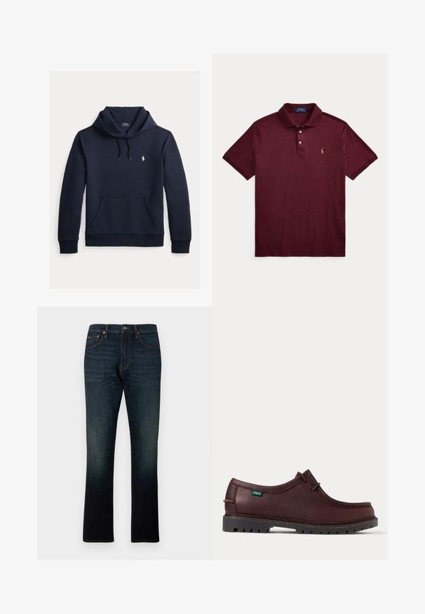 Tume merevärvi kapuutsiga dressipluus esiküljel kengurutasku, kapuuts nööriga, pikad varrukad ja väike valge Polo Ralph Laureni logo rinnal.; Lühikeste varrukatega burgundia värvi polosärk, krae, kaks valget nööpi ja väike tikitud logo vasakul rinnal.; Tumesinised sirgelõikelised teksapüksid viie tasku ja oranži õmblusega, esitatud tasapinnalisena valgel taustal.; Tumepruun nahast mokasiinstiilis jalanõu musta tugevdatud tallaga ja rohelise Polo logoga sildiga küljes, näidatud külgvaates.