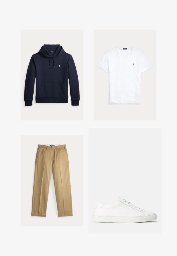 Mørk navyblå hættetrøje med front kangurulomme, snøre i hætten, lange ærmer og lille hvid Polo Ralph Lauren-logo på brystet.; Hvid T-shirt med rund hals og korte ærmer med lille broderet Polo Ralph Lauren-logo på venstre bryst og blå mærkeetiket indvendigt i kraven.; Beige chinos lavet af bomuldsstof. Design med lige ben, flad front, to sidelommer og en talje med knaplukning.; Hvide lædersneakers med en glat overflade, rund form, flad gummisål og hvide snørebånd. Har et minimalistisk design og diskret branding.