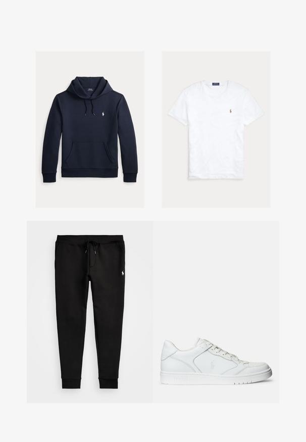Tume merevärvi kapuutsiga dressipluus esiküljel kengurutasku, kapuuts nööriga, pikad varrukad ja väike valge Polo Ralph Laureni logo rinnal.; Valge lühikeste varrukatega ümara kaelusega T-särk, millel on väike Polo Ralph Laureni tikitud logo vasakul rinnal ning sinine kaubamärgi silt krae sees.; Mustad mustad tõmmud püksid pehmest kangast, millel on nöörvöö, sobivad varrukad ja väike valge logo vasakul jalal.; Valged nahast spordijalatsid siledast materjalist, millel on ventilatsiooniga varvas, paelad ja kõrvale brodeeritud logo. Valge kummitald.