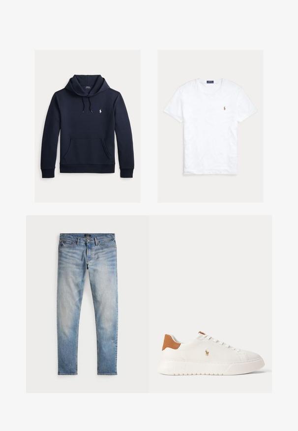 Donker marineblauwe hoodie met voorkangoeroezak, capuchon met trekkoord, lange mouwen en klein wit Polo Ralph Lauren-logo op de borst.; Witte T-shirt met korte mouwen en ronde hals met klein geborduurd Polo Ralph Lauren-logo op de linkerborst en een blauw merklint binnenin de kraag.; Lichtblauwe denim jeans met een vervaagde afwerking, vijfzakkenontwerp en contrasterende stiksels. Heeft een ritssluiting en riemlussen. Rechte snit.; Witte lage sneaker met beige hieltab, witte veters en klein geborduurd polo spelerlogo aan de zijkant boven een dikke zool.
