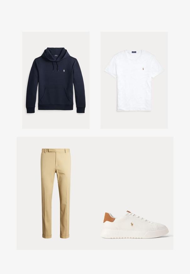 Tmavomodrá mikina s kapucňou so šnúrkou, predným klokanie vreckom, dlhými rukávmi a malým bielym logom Polo Ralph Lauren na hrudi.; Biele tričko s krátkym rukávom a okrúhlym výstrihom, s malým vyšitým logom Polo Ralph Lauren na ľavej strane hrude a modrou značkovou etiketu vo vnútri goliera.; Pánske béžové nohavice na mieru s pútkami na opasok a manžetami, zobrazené na jednoduchom svetlom pozadí.; Biely nízky teniska s béžovou pätovou záložkou, bielymi šnúrkami a malým vyšívaným logom hráča póla na boku nad tlustou podrážkou.