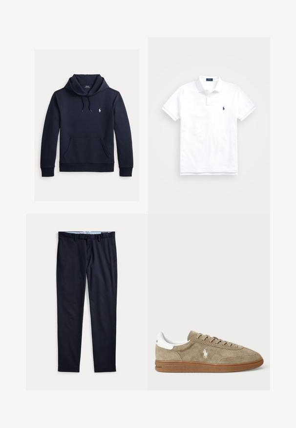 Tume merevärvi kapuutsiga dressipluus esiküljel kengurutasku, kapuuts nööriga, pikad varrukad ja väike valge Polo Ralph Laureni logo rinnal.; Valge lühikeste varrukatega polosärk, krae, kaks nööpi ja väike tumesinine tikitud logo vasakul rinnal.; Meri sinist värvi meeste pidulikud püksid, millel on vööaasad, luku ette, ja küljetaskud, lamades valgel taustal.; Tammepunased sneakers, millel on valged aktsendid, ümmargune varvas ja nööridega disain. Omab rikka logot ja kummi tallat, mis tagavad hea haarde.