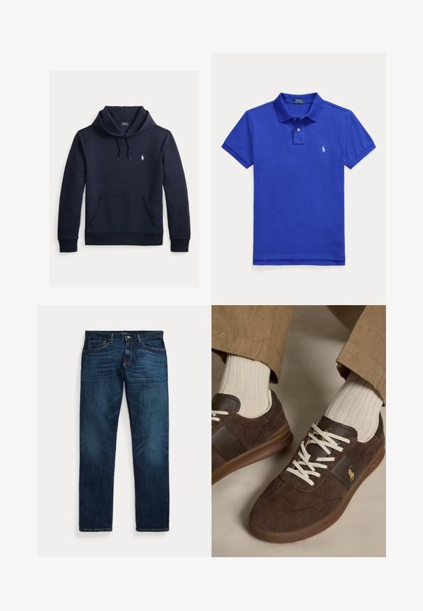 Donker marineblauwe hoodie met voorkangoeroezak, capuchon met trekkoord, lange mouwen en klein wit Polo Ralph Lauren-logo op de borst.; Blauw poloshirt met korte mouwen, kraag, knoopsluiting met twee knopen en klein geborduurd logo op de linkerborst.; Donkerblauwe spijkerbroek met lichte vervaging op de dijen en zakken, knoop- en ritsluiting, en design met vijf zakken, plat gelegd op een witte achtergrond.; Bruine suède sneakers met witte veters gedragen met beige geribbelde sokken en lichtbruine broek.