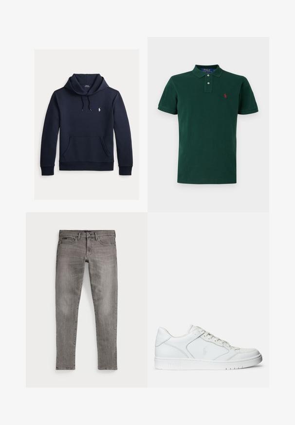 Tume merevärvi kapuutsiga dressipluus esiküljel kengurutasku, kapuuts nööriga, pikad varrukad ja väike valge Polo Ralph Laureni logo rinnal.; Tume roheline lühikeste varrukatega polosärk kraega, kahe nööbiga ja vasakul rinnal väikese punase tikitud logoga.; Hallid teksapüksid, kitsas lõige, sirgete säärtega. Omavad klassikalist viit taskut, õmblusdetailide ja kerge kulumise tekstuuri.; Valged nahast spordijalatsid siledast materjalist, millel on ventilatsiooniga varvas, paelad ja kõrvale brodeeritud logo. Valge kummitald.